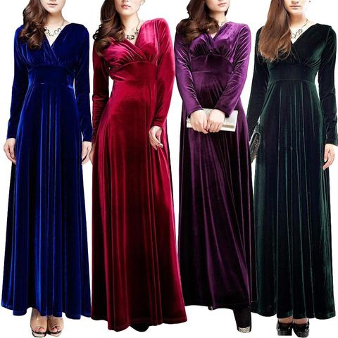 Vintage Women Autumn Long Sleeve V Neck Pleated Velvet Banquet Party Maxi Dress V Neck Pleated Velvet Banquet Party Maxi Dress ► Photo 1/6