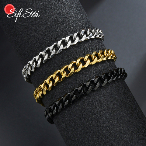 Sifisrri Punk Men 3/5/7mm Stainless Steel Curb Cuban Link Chain Bracelets Black Gold Solid Chains Unisex Wrist Jewelry Gift ► Photo 1/6