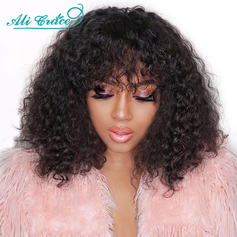 Ali Grace  Jerry Curly Human Hair Wigs with Bang Machine Made Hair Wigs Cheap Full Curly Brazilian Hair Bang Wig 12inch Cheap ► Photo 1/6