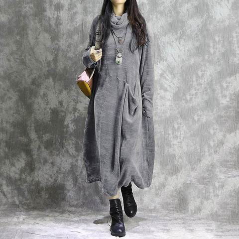 Autumn Solid Turtleneck Corduroy Dress ZANZEA Vintage Casual Long Maxi Sundress Women Long Sleeve Vestidos Female Kaftan Robe 7 ► Photo 1/6