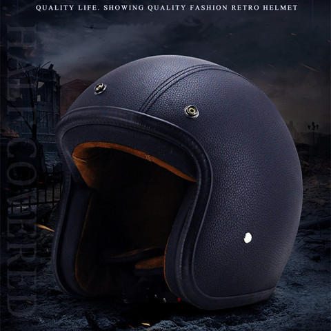 Four Season Jet Helmet Open Face Motorcycle Custom Scooter  Black leather Casco ► Photo 1/5