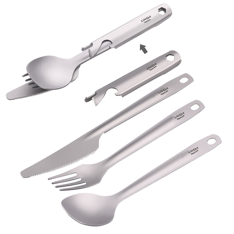 4-in-1 Titanium Flatware Cutlery Set Lightweight Dinner Spoon Fork Cutter w Storage Holder Bottle Opener for Camping Backpacking ► Photo 1/6