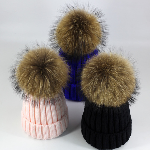 mink and fox fur ball cap pom poms winter hat for women girl 's hat knitted beanies cap brand new thick female cap 50-54-60CM ► Photo 1/6