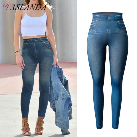 Women Jeggings Faux Denim Jeans Leggings High Waisted Tummy Control Slim Leggins Printed Pencil Pants Seamless Skinny Trousers ► Photo 1/6