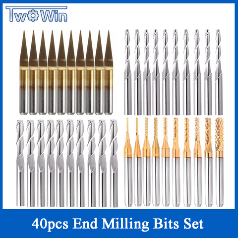 40pcs 3.175mm Titanium Coated Essential CNC Router Bits End Mill Cutter Mini PCB Carbide Router Bits Kit Set For Milling Tools ► Photo 1/6