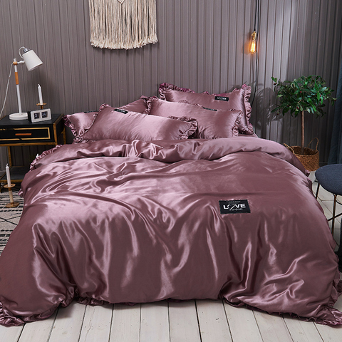 Buy Online Pure Satin Silk Bedding Set Lace Luxury Duvet Cover Set Single Double Queen King Size 240x220 Couple Quilt Covers White Gray Red Alitools