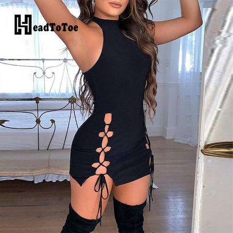 Solid Hollow Out Lace-Up Sleeveless Bodycon Dress Women Sleeveless Bandage Dress Sheath Mini Party Dress ► Photo 1/3