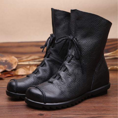 2022 Vintage Style Genuine Leather Women Boots Flat Booties Soft Cowhide Women's Shoes Front Zip Ankle Boots zapatos mujer ► Photo 1/6