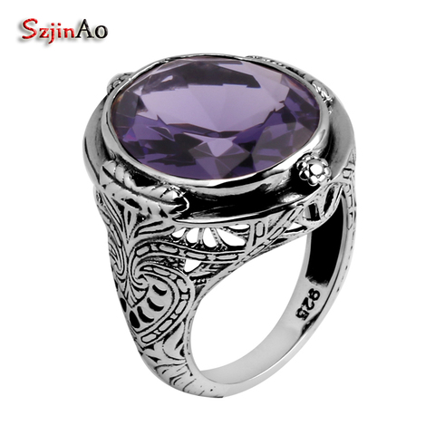 Szjinao Purple Amethyst Women's Rings silver 925 Gemstones Unisex Men Ring Flower Handmade Design Jewllery Vintage Wife Gift Hot ► Photo 1/6