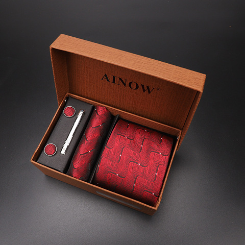 luxury tie set gift box for men 2022 jacquard necktie and pocket square clip cufflinks red black blue handkerchief formal dress ► Photo 1/6