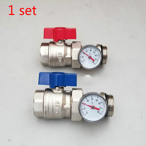 Floor heating water separator brass ball valve with thermometer red and blue butterfly aluminum handle 1set ► Photo 1/3