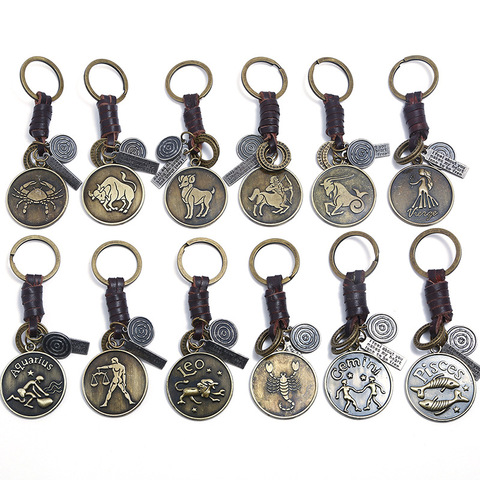 LETAPI New Fashion Genuine Leather Weave Zodiac Sign Keychain Punk Vintage 12 Constellation Key Ring for Men Women ► Photo 1/6