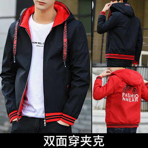 Spring Autumn 2022 Men's Jacket Hooded Outwear Casual Coats Double-sided Wear Zipper Jackets Rib Sleeve Waterproof Slim Fit C209 ► Photo 1/6