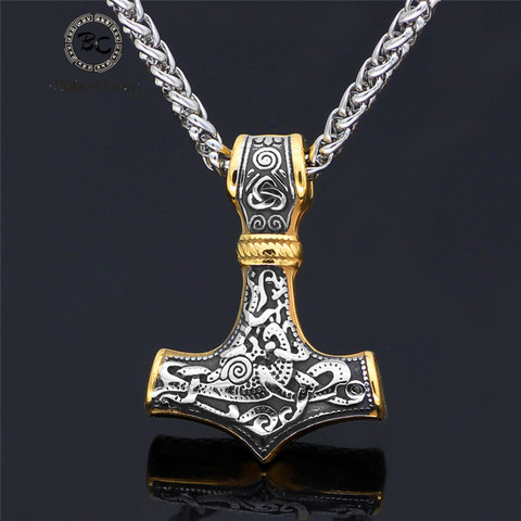 Punk Stainless steel Norse Vikings Amulet Pendant Cord Odin's Gold Thor's Hammer Chain Necklaces Men ethnic Jewelry Dropshipping ► Photo 1/6