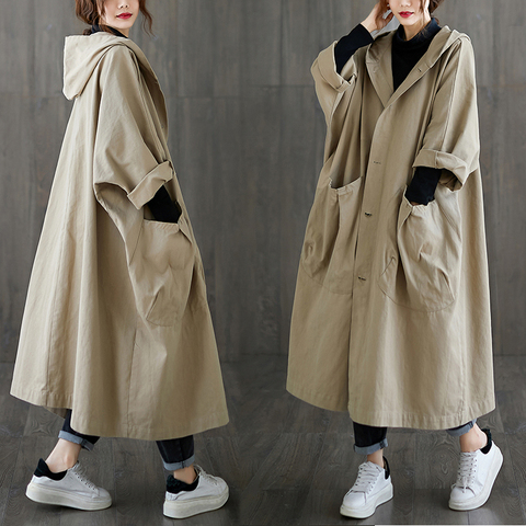 Autumn Spring Plus Size Women Long  Jacket Outwear Hooded Black Casual Cotton Pockets Cardigan Loose Oversize  Female Overcoat ► Photo 1/5