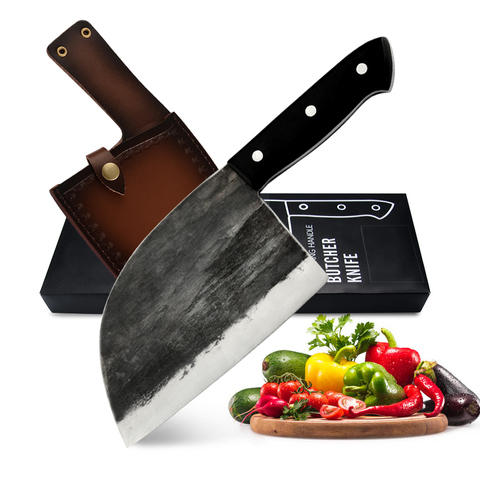 XYj Brand Full Tang Handmade Butcher Knife With Knife Sheath&Box Forging High Carbon Clad Steel Serbian Kitchen Knives Tool ► Photo 1/6