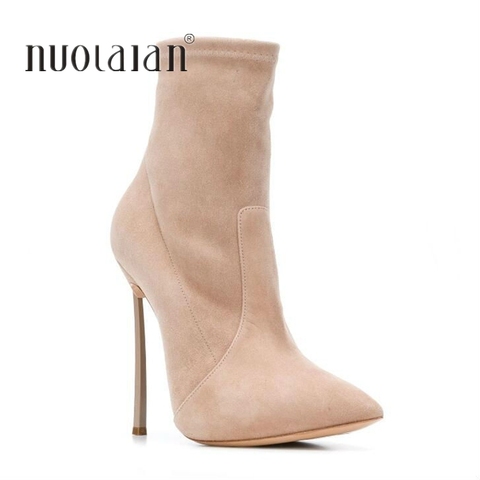 Winter Fashion Women Boots Pointed Toe Faux Suede Ankle Boots 11CM Heel High Heels Shoes Woman Autumn Female Socks Boots ► Photo 1/6