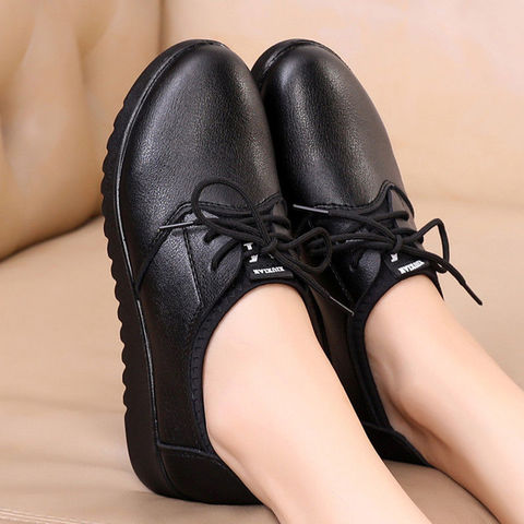 Solid Black Oxford Shoes Woman Work Leather Wedge Flats Female Casual Lace Up Spring Shoes Women's kitchen Non-slip Loafers ► Photo 1/6