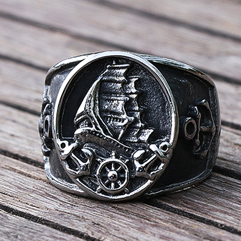 Nordic Viking Pirate Sailboat Ring 316L Stainless Steel Punk Gothic Ring Men Women Anchor Compass Biker Rings Wholesale ► Photo 1/6