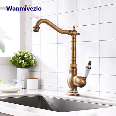 Blue and white porcelain Handle Kitchen Faucet Antique Brass Deck Mount Hot and cold Bathroom Crane Vanity Sink Mixer Taps ► Photo 1/6