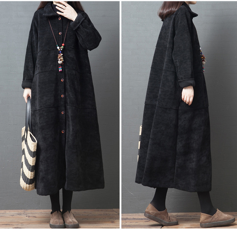 2022 New Autumn Winter Long Trench Coats Women Vintage Corduroy Plus Velvet Korean Loose Large Size Long Sleeve Overcoats XA1131 ► Photo 1/5