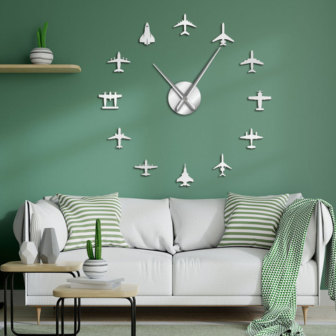 Flying Plane Fighter Jet Modern Large Wall Clock DIY Acrylic Mirror Effect Sticker Airplane Silent Wall Clock Aviator Home Decor ► Photo 1/6