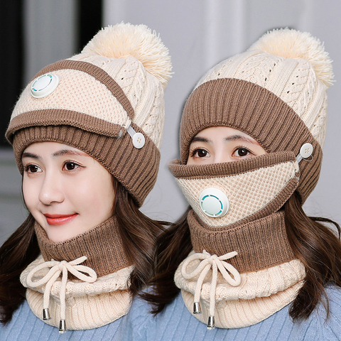 3 Pcs/set Winter Hats For Women With Breathing Mask 2in1 Knitted Hat Girl Pompoms Hat Warm Add Fur Lined Protective Winter Hat ► Photo 1/6
