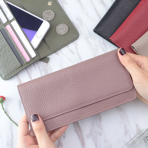 Genuine Leather Women Wallet Fashion Solid Color Coin Purse Multifunctional Cowhide Female Long Women Purses Zipper Card Holder ► Photo 1/6