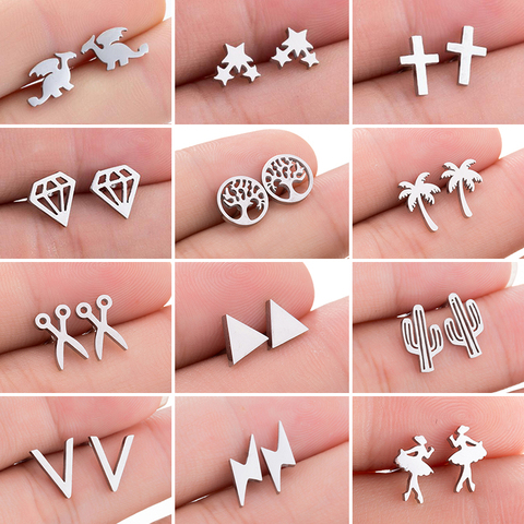 Mini Stainless Steel Earings Fashion Jewelry Small Animal Ear Studs Punk Cross Star Dragon Ballet Stud Earrings Pendientes Gifts ► Photo 1/6