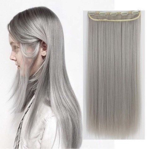 Clip in One Piece Synthetic Hair Extension Long Straight Synthetic Black Gray Color Hairpieces ► Photo 1/6