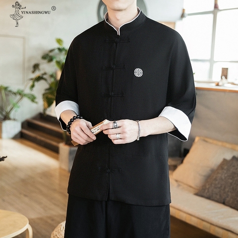 New China Style Mens Tops Tang Suit Linen Long Sleeve Middle Sleeve Solid Traditional Kung Fu China Style Hanfu Shirt Plus Size ► Photo 1/6