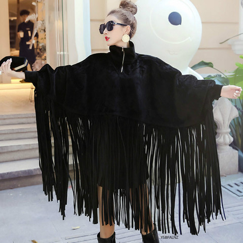 2022 New Spring Autumn Black Jacket Women Loose Tassels Turtleneck Long Sleeve Women Cape Coat Women Fashion Plus Size Ponchos ► Photo 1/6