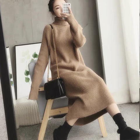 Turtleneck knitted sweater dress ladies fall winter elastic cashmere bottoming shirt midlength over the knee thick sweater dress ► Photo 1/6