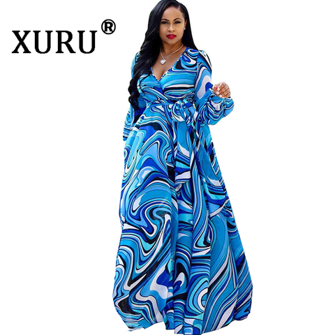 XURU chiffon print dress beach large size dress S-5XL women's long sleeve V-neck casual loose dress ► Photo 1/6