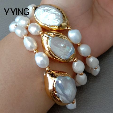 8'' 3 Rows Cultured White Baroque freshwater Pearl White Keshi Pearl Bracelet for handmade classic wedding for women ► Photo 1/6