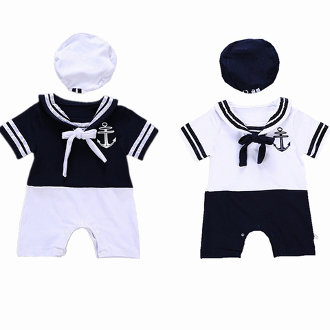 Newborn Baby Boys Sailor Costumes Short Sleeve Romper Set Summer Shortalls Infant Boys Blue White Rompers Set Clothing ► Photo 1/1