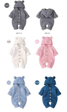 Baby Girls Bear Ear Knit Romper Boys Hooded Newborn Sweater Kids Jumpsuit  Babys Outfit Autumn Winter ► Photo 1/6