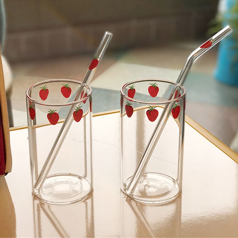 300ml Strawberry Cute Glass Cup With Straw Creative Transparent