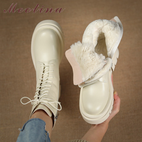 Meotina Genuine Leather Real Wool Fur Platform High Heel Motorcycle Boots Women Zip Lace Up Ankle Boots Block Heels Short Boots ► Photo 1/6