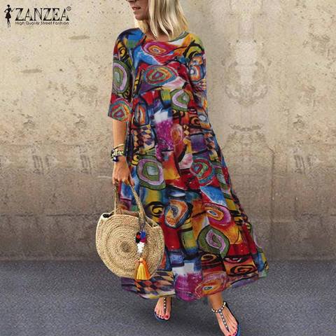 2022 Autumn Summer ZANZEA Pleated Dress Women Vintage Vestidos Robe Printed Long Maxi Dresses Plus Size Femme 3/4 Sleeve Tunic ► Photo 1/6