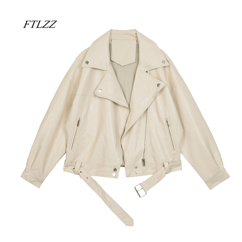 FTLZZ 2022 New Spring Women Pu Leather Motorcycle Jacket Female With Belt Solid Color Jackets Ladys Loose Casual Jacket ► Photo 1/6