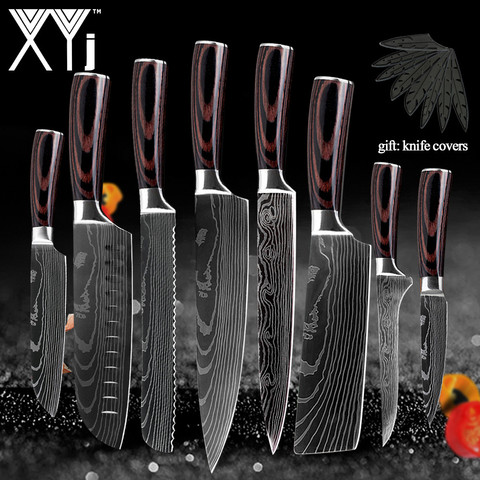 Japanese Kitchen Stainless Steel Knives Cutlery Set Laser Damascus Pattern Chef Knife Tool Gift Knife Covers Case Edge Guards ► Photo 1/1