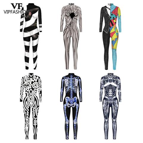 VIP FASHION Female Halloween Costume For Women Cosplay Robot Printed Costumes Jumpsuit Skull Carnival Costume Bodysuit Rompers ► Photo 1/6