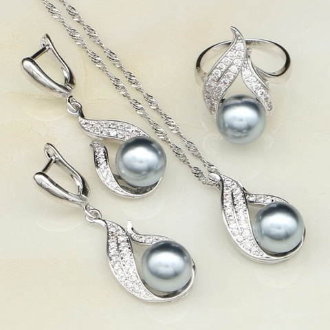 Gray Pearl White Cubic Zirconia Jewelry Set 925 Sterling Silver Bridal Jewelry For Women Earring/Ring/Pendant/Necklace ► Photo 1/5