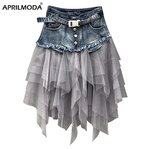 Summer Mini Tutu Tulle Skirt Gothic Punk Women High Waist Irregular Denim Skirts Club Party Mesh Patchwork Short Jeans Jurken ► Photo 1/6