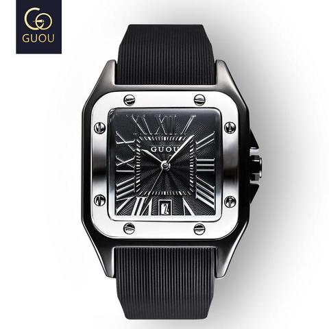 Fashion Guou Top Brand Men's Watches Luxury Wristwatches Rubber Silicon Dress Watch Man Square Quartz Clocks ► Photo 1/5