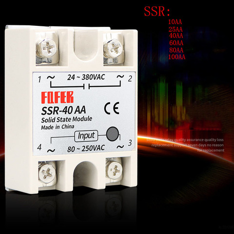 10A 25A 40A 60A AC-AC Single Phase Solid State Relay AC SSR SSR-10AA SSR-25AA SSR-40AA SSR-60AA 80-250VAC 220V TO 24-380V AC ► Photo 1/4