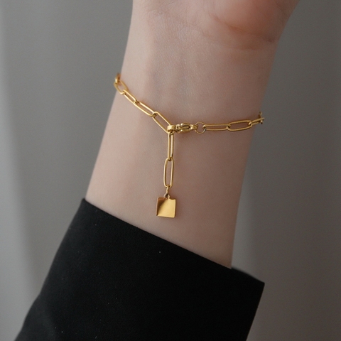 YUN RUO 2022 Fashion Gold Plated Square Pendant Chain Bracelet Popular Woman girl Stainless Steel Jewelry Accessories Not Fade ► Photo 1/6