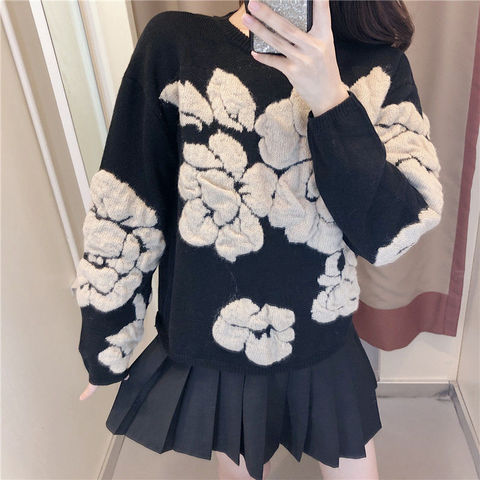 2022 Korean Autumn Winter fashion new solid color round collar full sleeve loose embroidered sweater women ► Photo 1/4