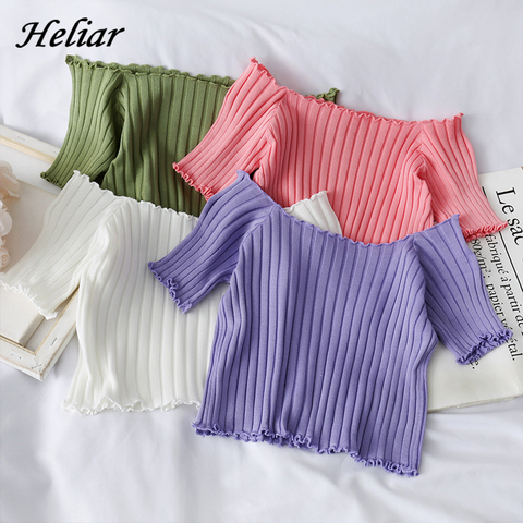 HELIAR Women T-shirts Off Shoulder Knitting Crop Tops Short Sleeve Stretchy Ruffles Hem Tee shirts Women 2022 Summer Crop Tees ► Photo 1/6